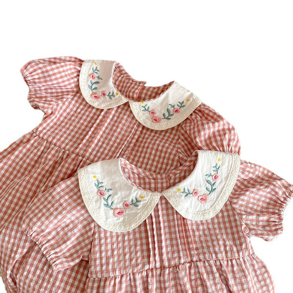 MyKids-USA® Girls Flowers Embroidery Collar Plaid bodysuit And Girls’ Dress – Princess Sister Matching Set