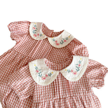 MyKids-USA® Girls Flowers Embroidery Collar Plaid bodysuit And Girls’ Dress – Princess Sister Matching Set