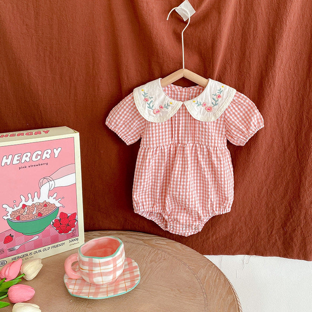 MyKids-USA® Girls Flowers Embroidery Collar Plaid bodysuit And Girls’ Dress – Princess Sister Matching Set