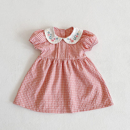 MyKids-USA® Girls Flowers Embroidery Collar Plaid bodysuit And Girls’ Dress – Princess Sister Matching Set