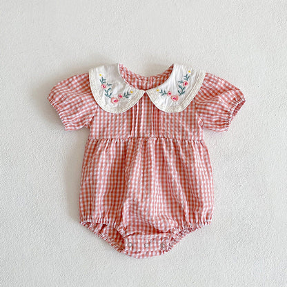 MyKids-USA® Girls Flowers Embroidery Collar Plaid bodysuit And Girls’ Dress – Princess Sister Matching Set