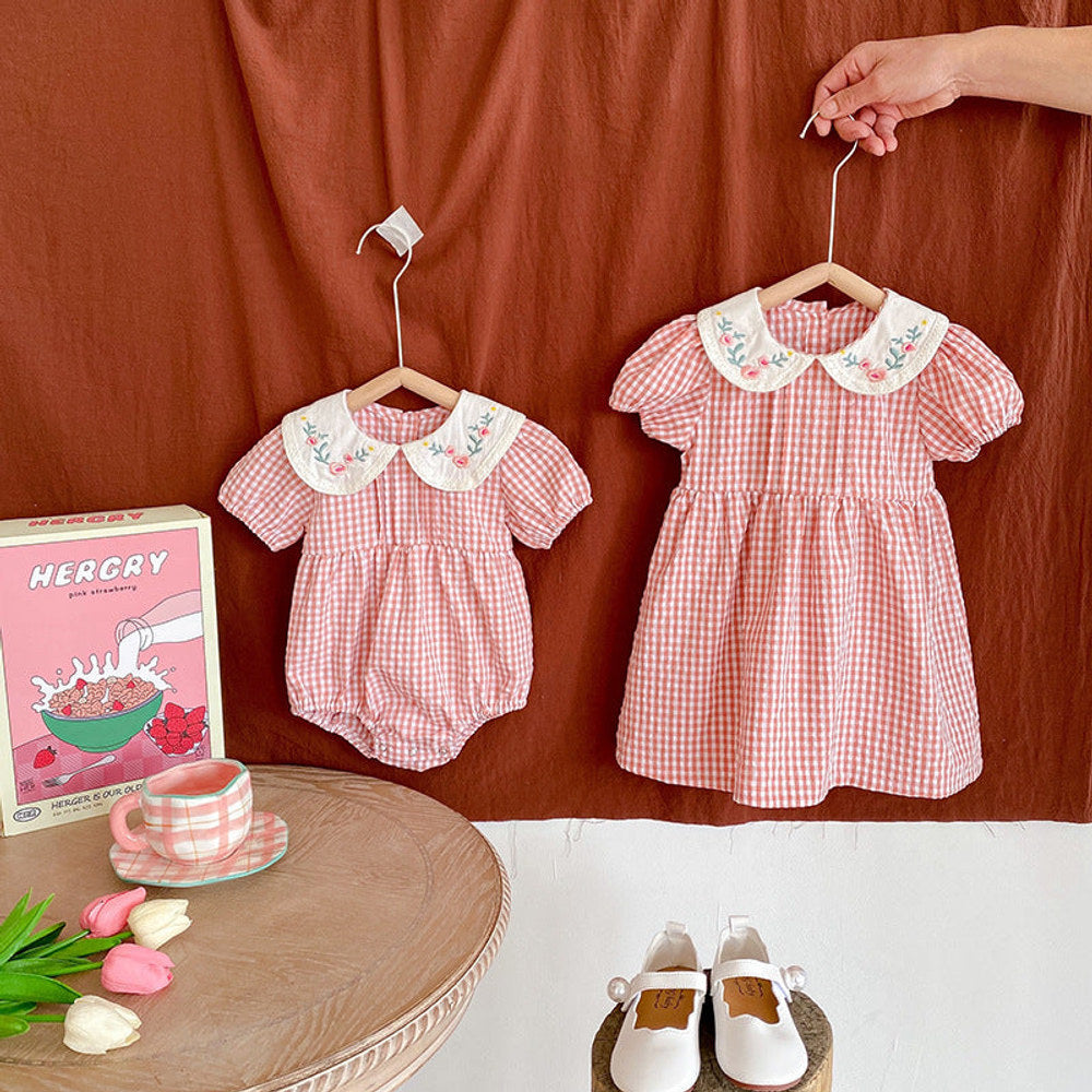 MyKids-USA® Girls Flowers Embroidery Collar Plaid bodysuit And Girls’ Dress – Princess Sister Matching Set