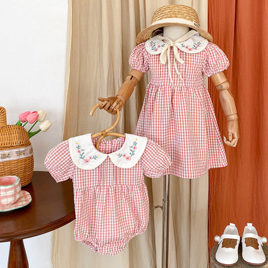 MyKids-USA® Girls Flowers Embroidery Collar Plaid bodysuit And Girls’ Dress – Princess Sister Matching Set