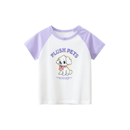 MyKids-USA® Cute Cartoon Print Girls’ Patchwork T-Shirt for Playdates Casual Outings