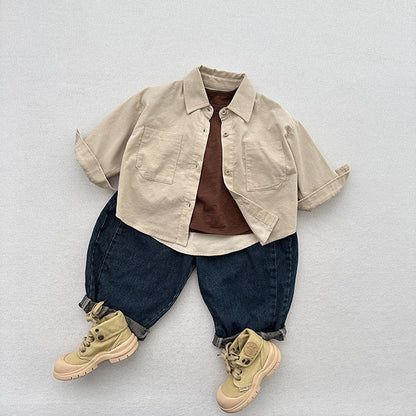 MyKids-USA® Children’s Thin Shirts Baby Retro Solid Color Jackets For Boys And Girls Mountain Style Long-Sleeved Fine Striped Velvet Shirts
