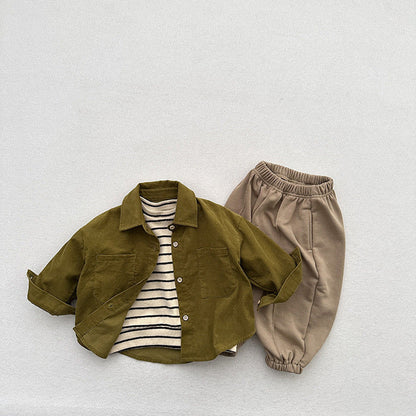 MyKids-USA® Children’s Thin Shirts Baby Retro Solid Color Jackets For Boys And Girls Mountain Style Long-Sleeved Fine Striped Velvet Shirts