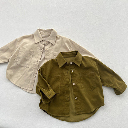 MyKids-USA® Children’s Thin Shirts Baby Retro Solid Color Jackets For Boys And Girls Mountain Style Long-Sleeved Fine Striped Velvet Shirts