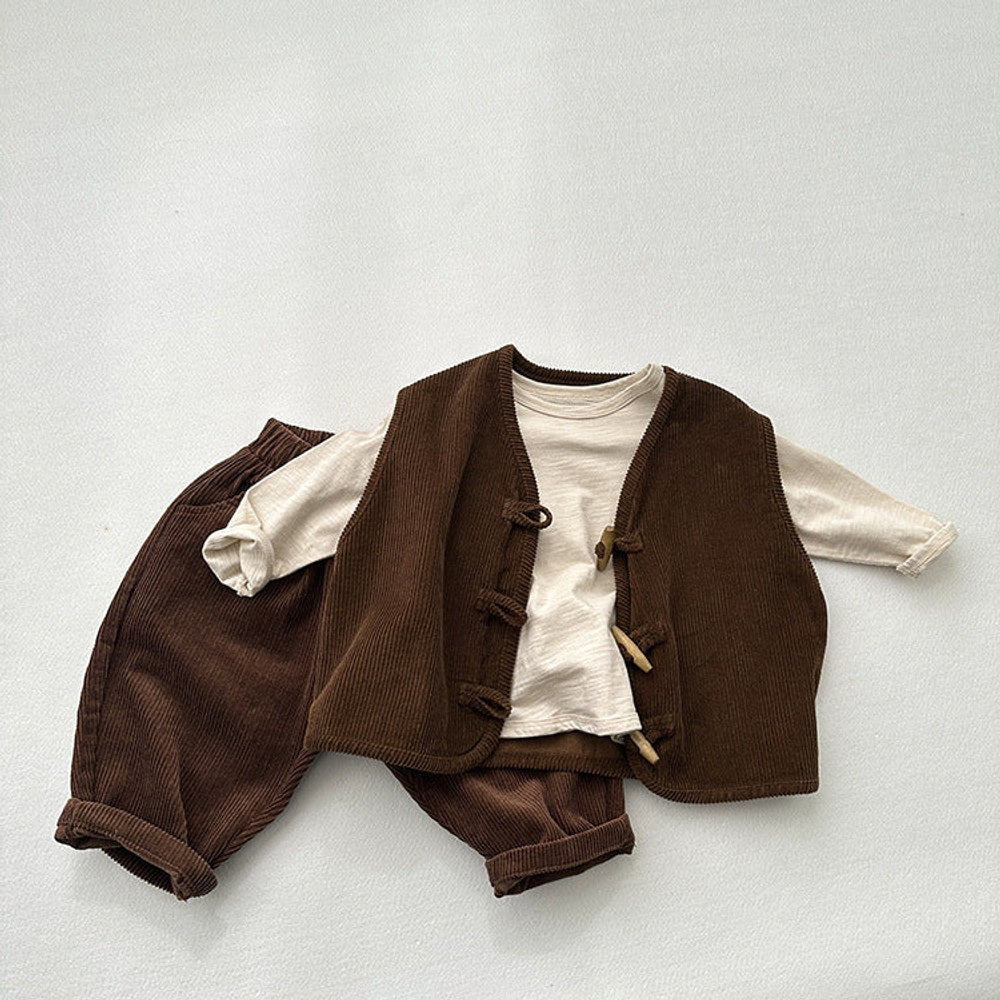 MyKids-USA® Children’s Waistcoat Japanese Corduroy Tone Sleeveless Vest Style Retro Wooden Button Corduroy Vest For Boys And Girls