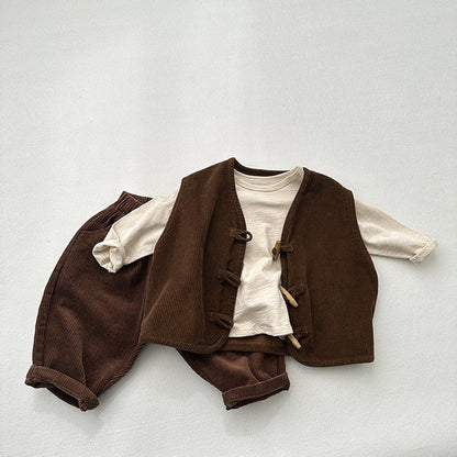 MyKids-USA® Children’s Waistcoat Japanese Corduroy Tone Sleeveless Vest Style Retro Wooden Button Corduroy Vest For Boys And Girls