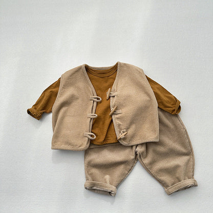 MyKids-USA® Children’s Waistcoat Japanese Corduroy Tone Sleeveless Vest Style Retro Wooden Button Corduroy Vest For Boys And Girls