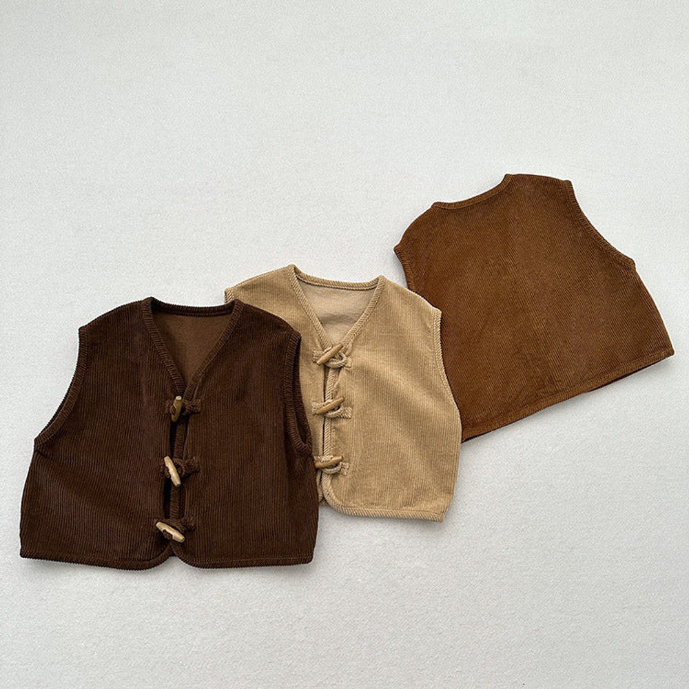 MyKids-USA® Children’s Waistcoat Japanese Corduroy Tone Sleeveless Vest Style Retro Wooden Button Corduroy Vest For Boys And Girls
