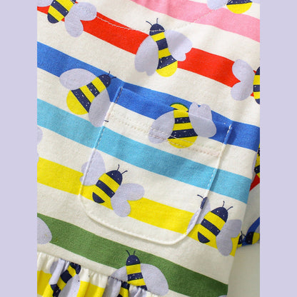 MyKids-USA® Baby Girls Rainbow Striped Short Sleeves Bees Pattern Dress