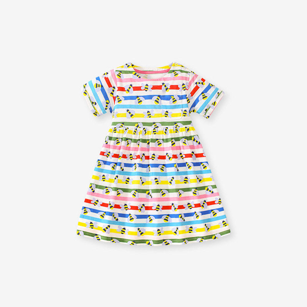 MyKids-USA® Baby Girls Rainbow Striped Short Sleeves Bees Pattern Dress