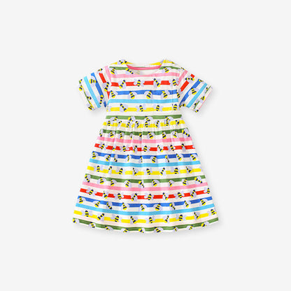 MyKids-USA® Baby Girls Rainbow Striped Short Sleeves Bees Pattern Dress