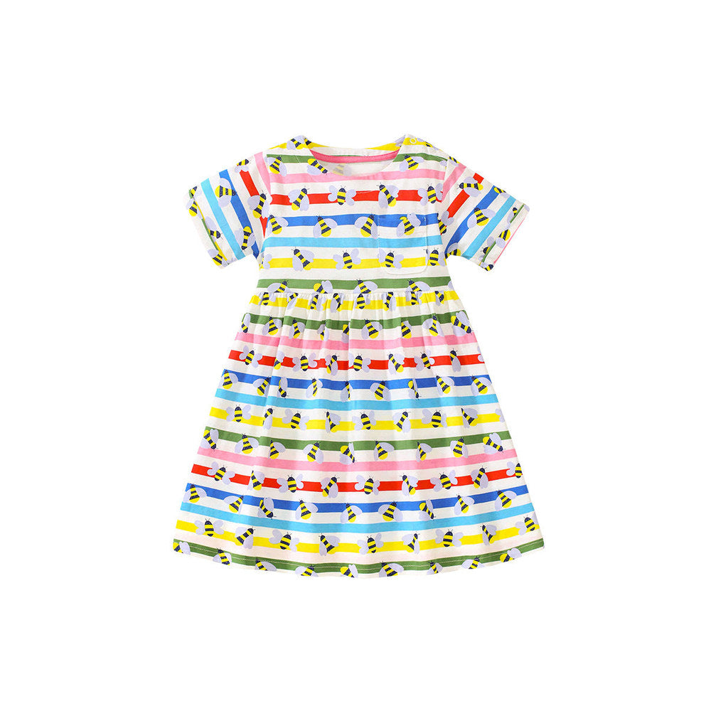 MyKids-USA® Baby Girls Rainbow Striped Short Sleeves Bees Pattern Dress