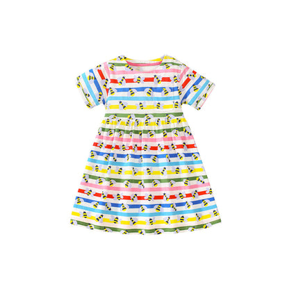 MyKids-USA® Baby Girls Rainbow Striped Short Sleeves Bees Pattern Dress