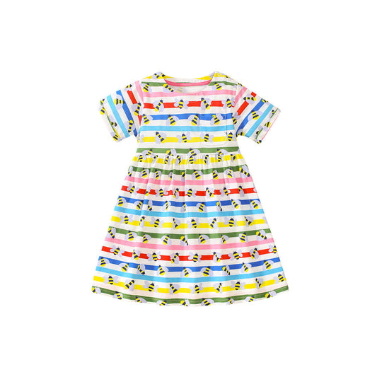 MyKids-USA® Baby Girls Rainbow Striped Short Sleeves Bees Pattern Dress
