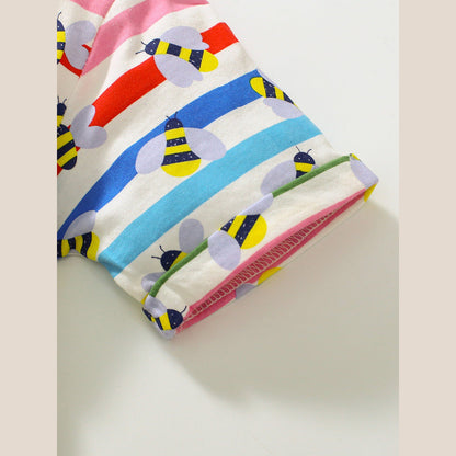 MyKids-USA® Baby Girls Rainbow Striped Short Sleeves Bees Pattern Dress