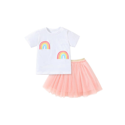 MyKids-USA® Baby Kids Girls Rainbow Print T-Shirt And Solid Color Mesh Skirt Clothing Set