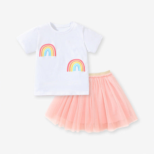MyKids-USA® Baby Kids Girls Rainbow Print T-Shirt And Solid Color Mesh Skirt Clothing Set