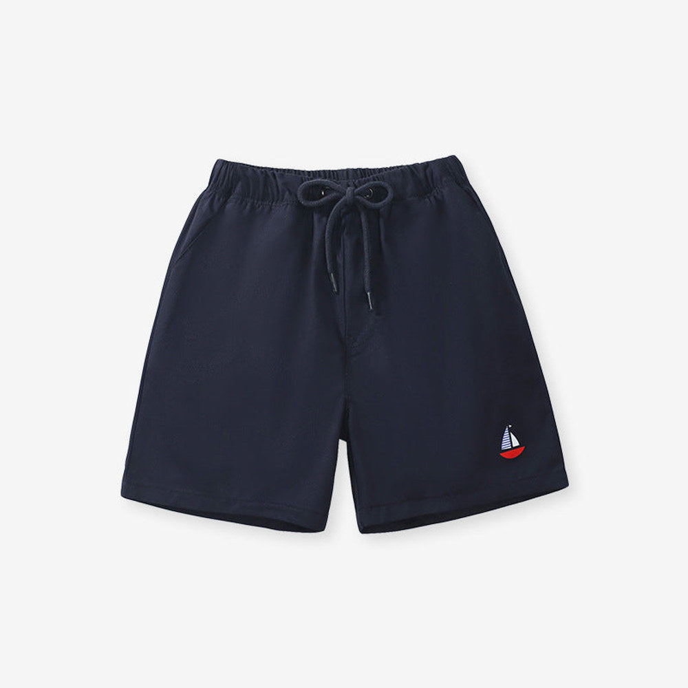 MyKids-USA® Boys Solid Soft Cotton Casual Style Shorts With Sailboat Logo