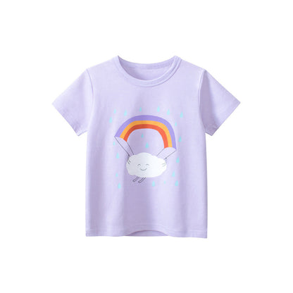 MyKids-USA® Cartoon Rainbow Cloud Print Girls’ T-Shirt In European And American Style
