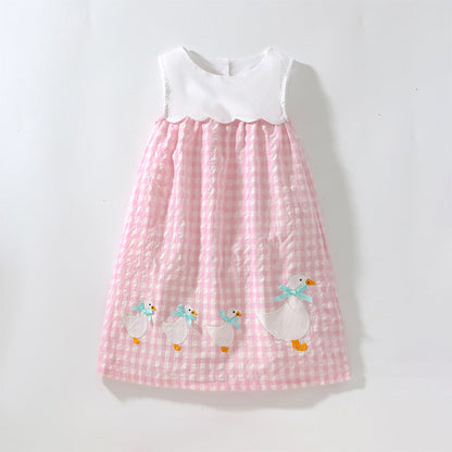 MyKids-USA® Baby Girls Sleeveless Plaid Patchwork Geese Pattern Dress