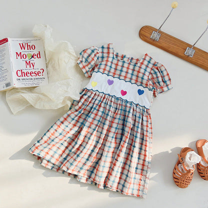 MyKids-USA® Girls Short Sleeves Colorful Plaid Heart Embroidery Dress