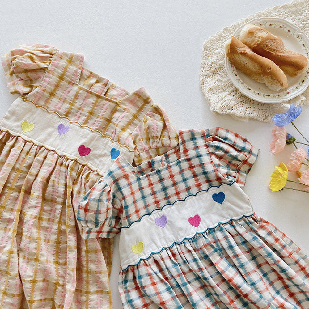 MyKids-USA® Girls Short Sleeves Colorful Plaid Heart Embroidery Dress