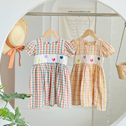 MyKids-USA® Girls Short Sleeves Colorful Plaid Heart Embroidery Dress
