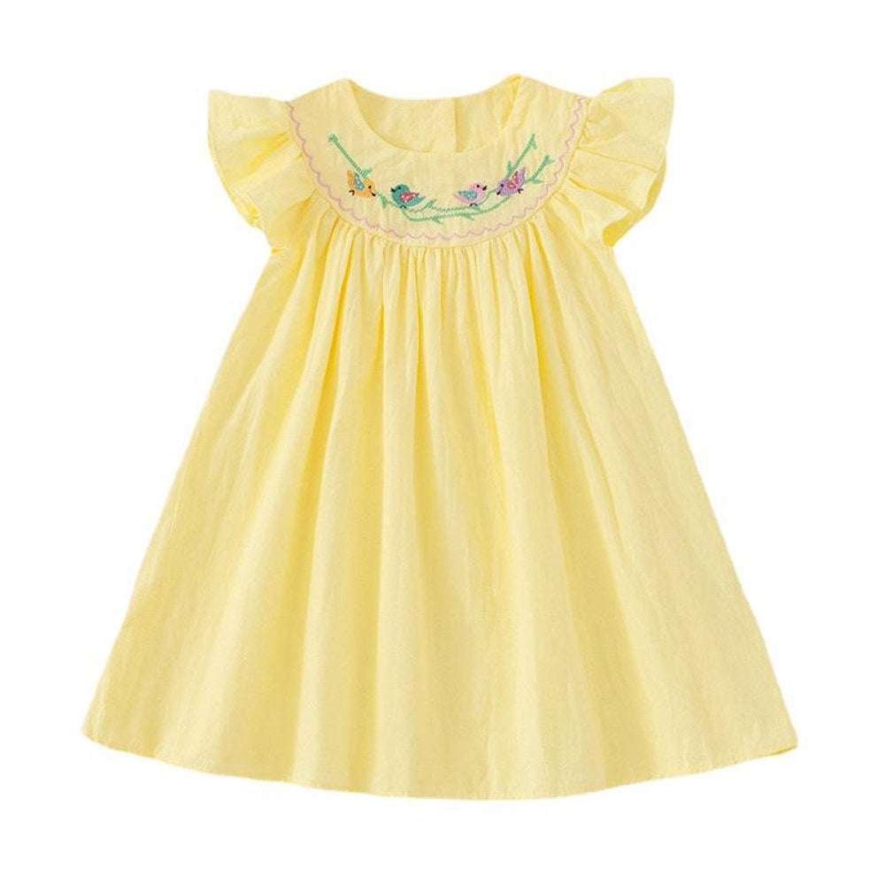 MyKids-USA® Baby Kids Girls Sleeveless Birds Embroidery Yellow Dress