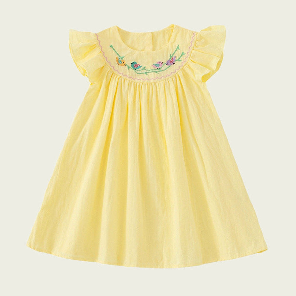 MyKids-USA® Baby Kids Girls Sleeveless Birds Embroidery Yellow Dress