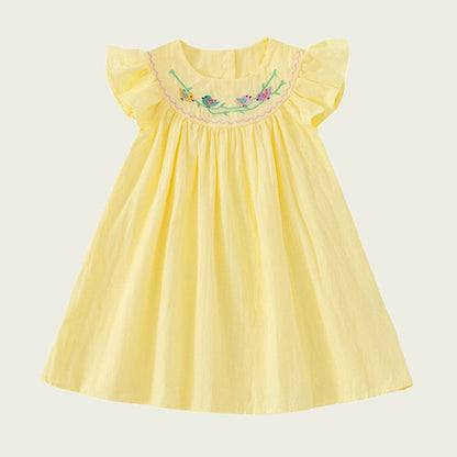 MyKids-USA® Baby Kids Girls Sleeveless Birds Embroidery Yellow Dress