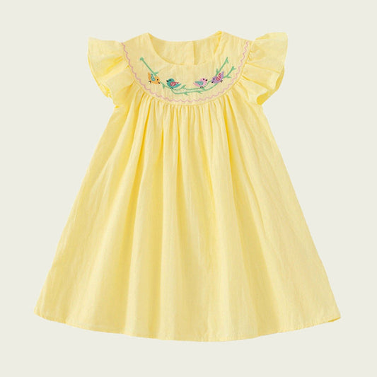 MyKids-USA® Summer Baby Kids Girls Sleeveless Birds Embroidery Yellow Dress