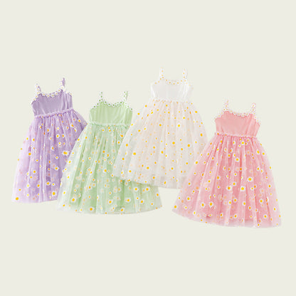 MyKids-USA® Baby Kids Girls Sleeveless Floral Daisy Pattern Mesh Strap Dress