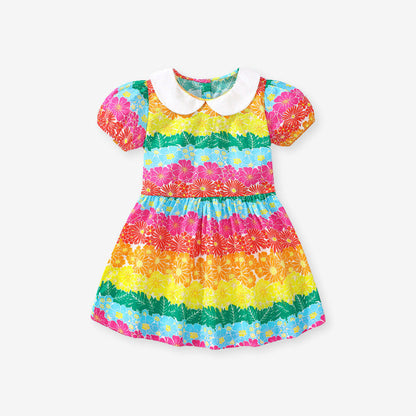 MyKids-USA® Baby Kids Girls Short Sleeves Peter Pan Collar Colorful Flowers Print Dress