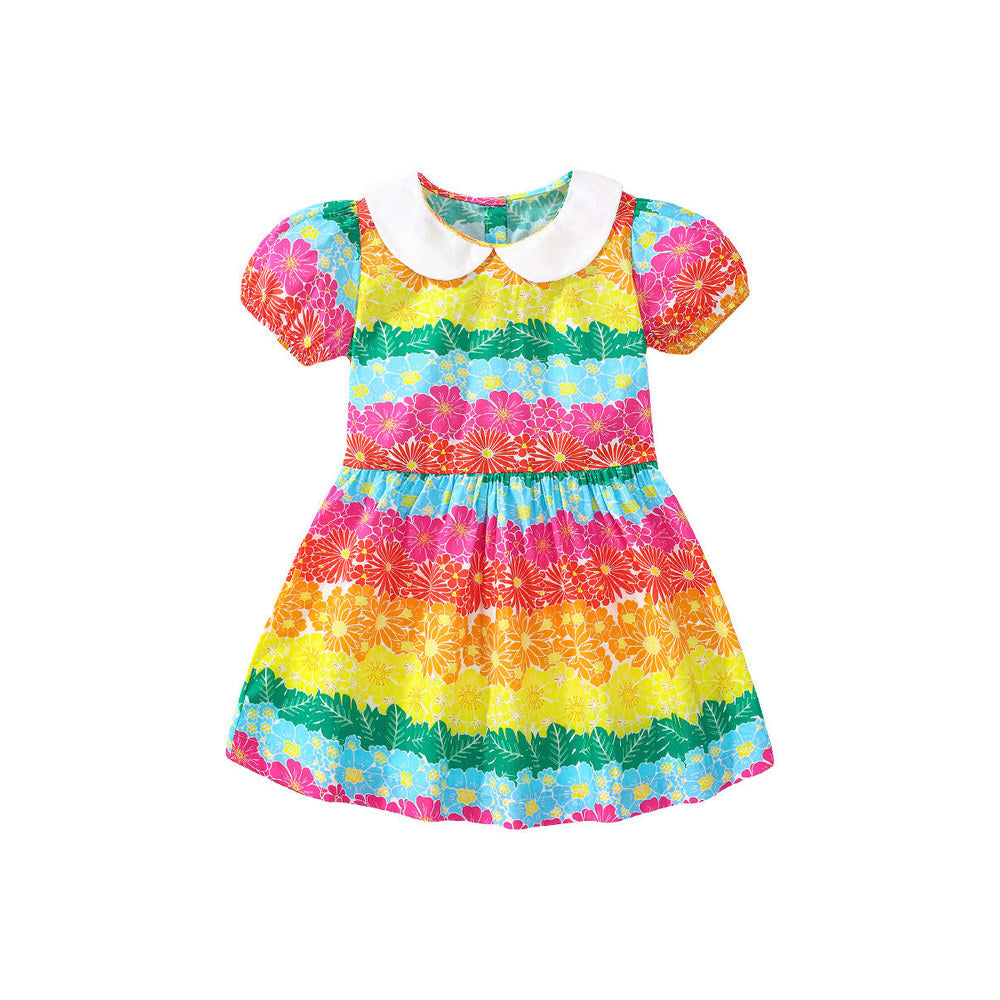 MyKids-USA® Baby Kids Girls Short Sleeves Peter Pan Collar Colorful Flowers Print Dress