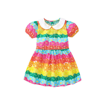 MyKids-USA® Baby Kids Girls Short Sleeves Peter Pan Collar Colorful Flowers Print Dress