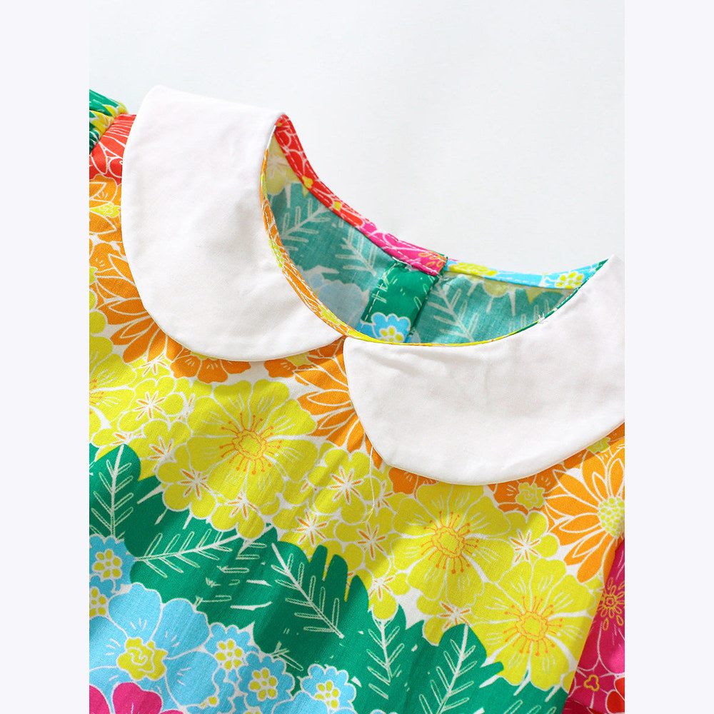 MyKids-USA® Baby Kids Girls Short Sleeves Peter Pan Collar Colorful Flowers Print Dress