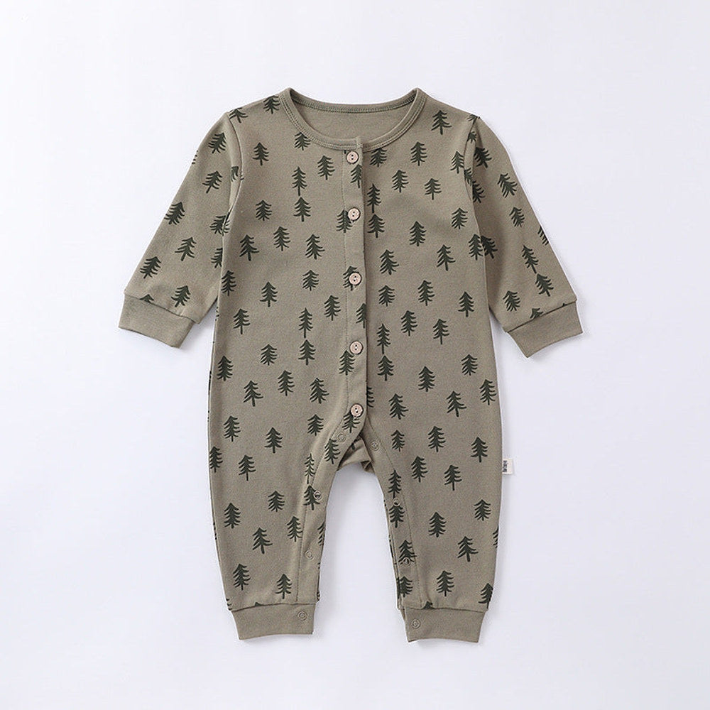 MyKids-USA® Moon/Pine Trees Print Crew Neck Single Breasted Comfy Rompers