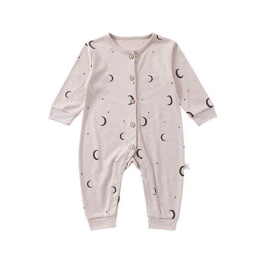 MyKids-USA® Spring Moon/Pine Trees Print Crew Neck Single Breasted Comfy Rompers