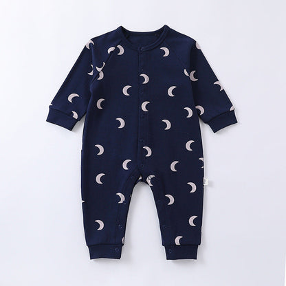 MyKids-USA® Spring Moon/Dogs Print Crew Neck Single Breasted Comfy Rompers