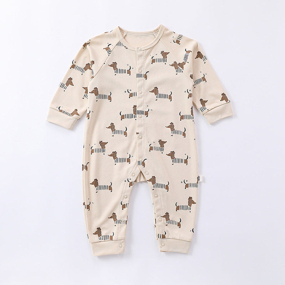 MyKids-USA® Spring Moon/Dogs Print Crew Neck Single Breasted Comfy Rompers