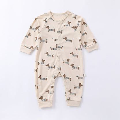 MyKids-USA® Spring Moon/Dogs Print Crew Neck Single Breasted Comfy Rompers
