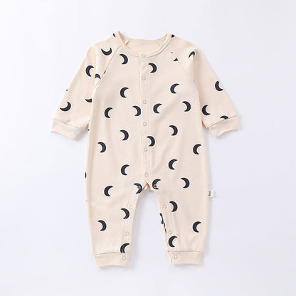 MyKids-USA® Spring Moon/Dogs Print Crew Neck Single Breasted Comfy Rompers