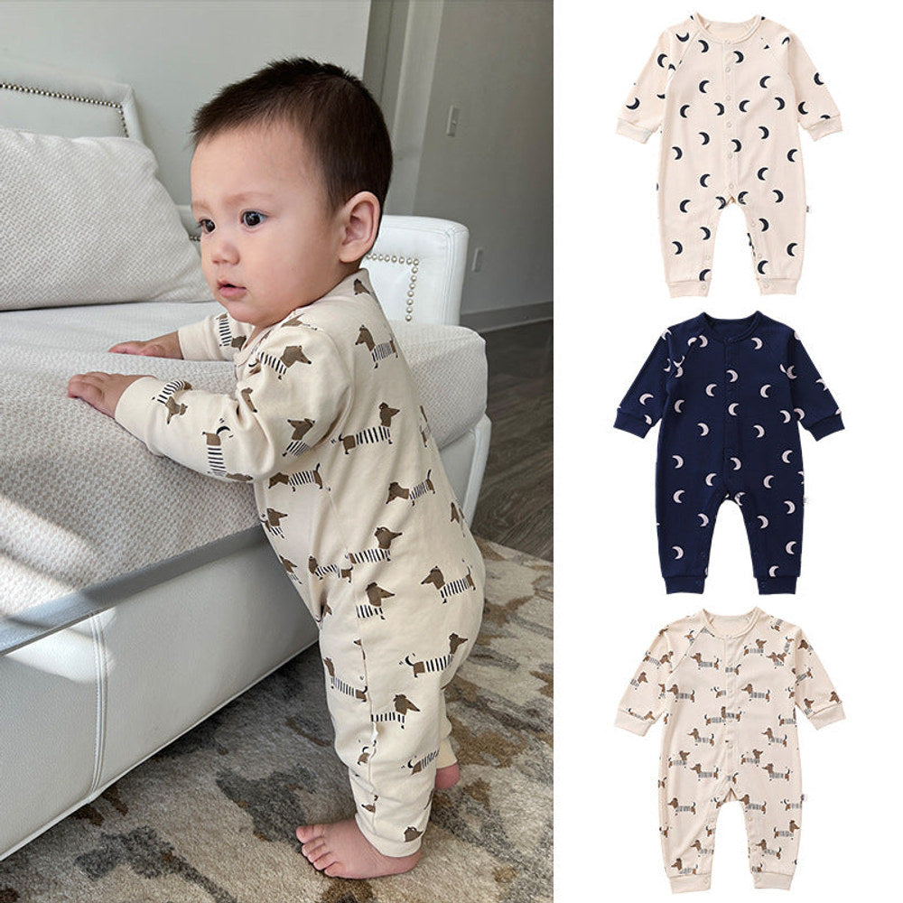 MyKids-USA® Spring Moon/Dogs Print Crew Neck Single Breasted Comfy Rompers