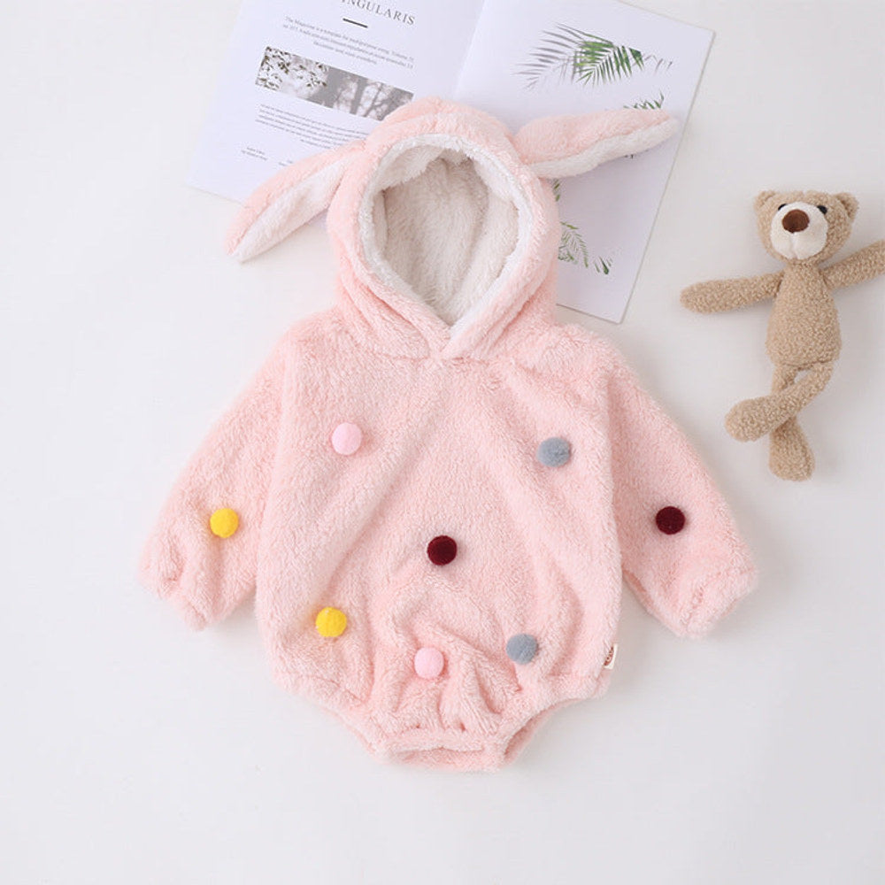 MyKids-USA® Design Baby Girls Polka Dots Pom Pom Hooded bodysuit