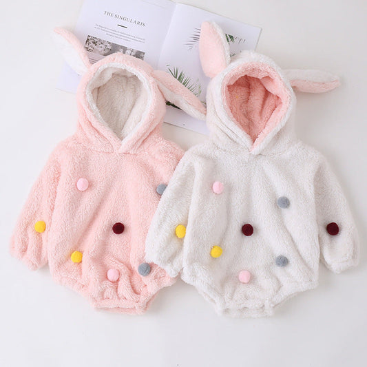 MyKids-USA® Design Baby Girls Polka Dots Pom Pom Hooded bodysuit