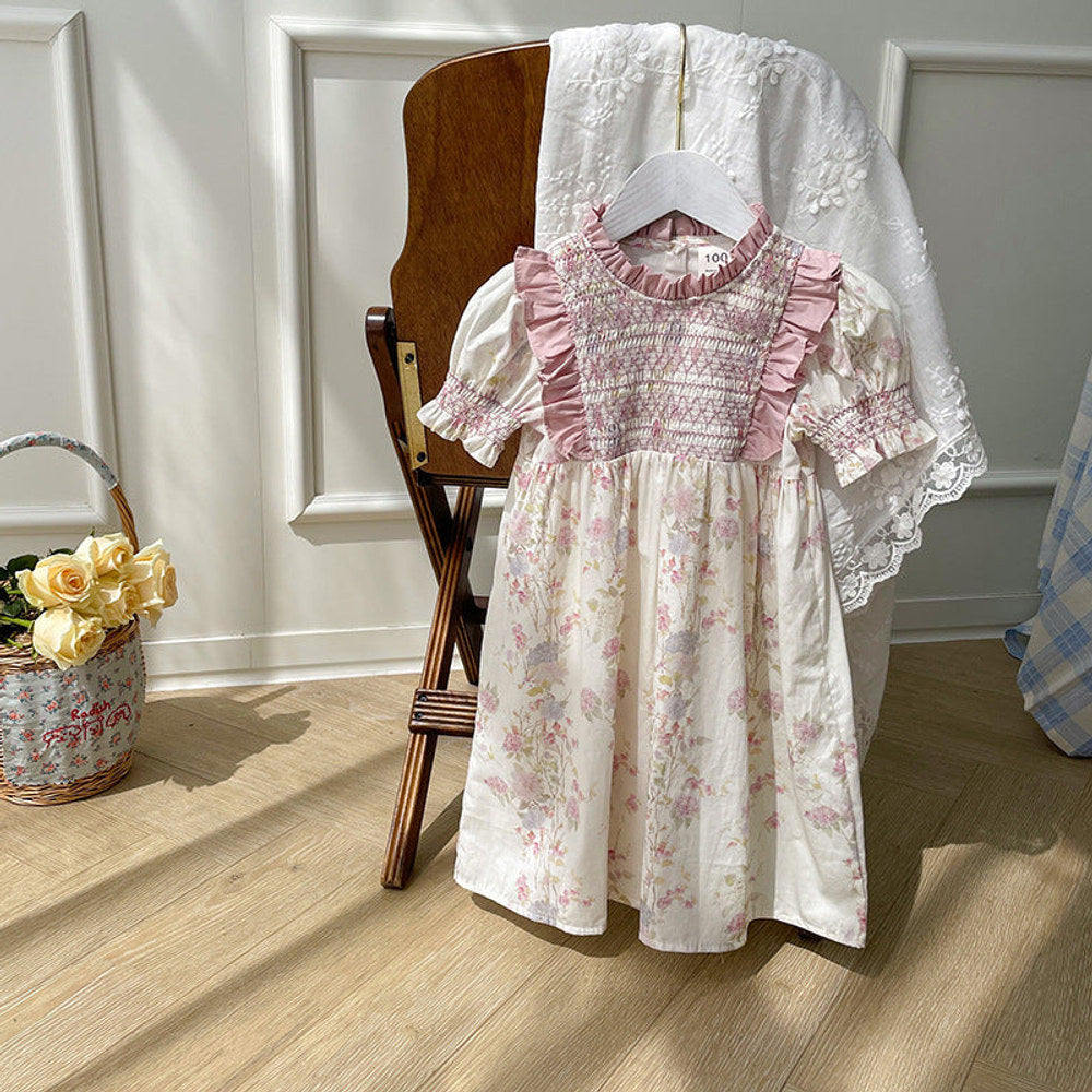 MyKids-USA® Baby Kids Girls Short Sleeves Ruffle Neck Pink Floral Dress