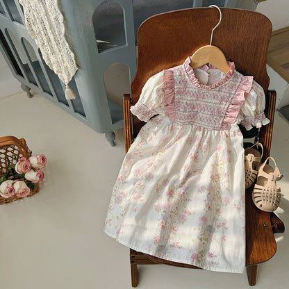 MyKids-USA® Baby Kids Girls Short Sleeves Ruffle Neck Pink Floral Dress